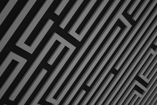 Abstract gray maze pattern with parallel lines on black background