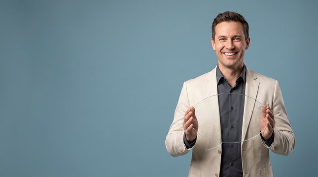 Smiling man in business casual blazer holding a transparent glass speech bubble frame against a soft blue solid studio background