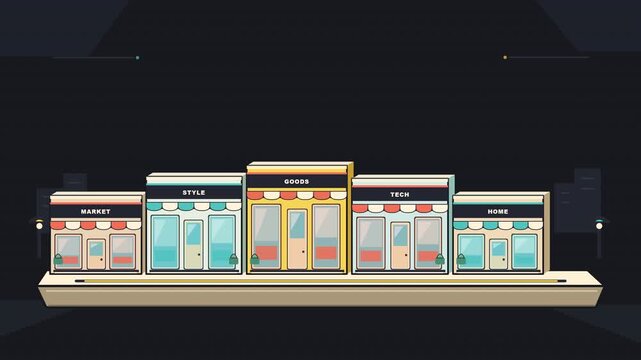 Minimalist 2D vector animation of a row of stylized storefronts including market style goods tech and home shops on dark background