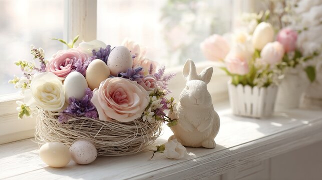 figurine. Easter decoration arrangement featuring pastel eggs in nest with spring flowers and decorative bunny on clean white surface. event programs.