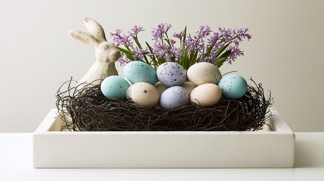 figurine. Easter decoration arrangement featuring pastel eggs in nest with spring flowers and decorative bunny on clean white surface. event programs.