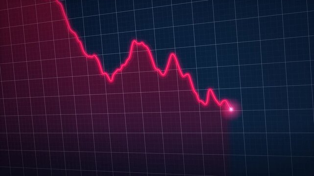 downward trending red line graph showing stock market crash, financial crisis, data analysis, economic recession, dark background with glowing particles