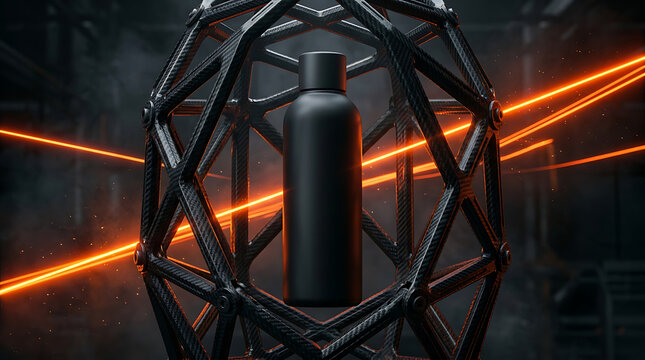 Modern black product bottle mockup in dark futuristic geometric setting