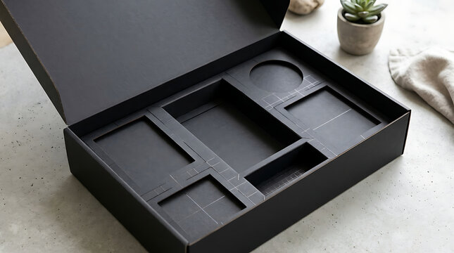 Open black packaging box with custom foam inserts on a white surface