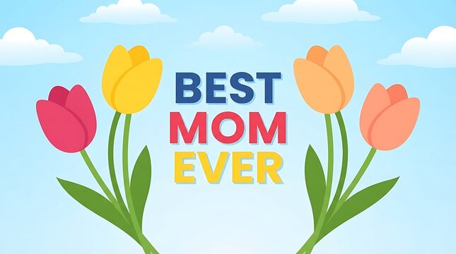 Colorful tulips illustration celebrating best mom ever with cheerful sky background design