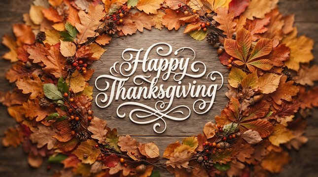 Elegant Thanksgiving Greeting Card Design Featuring Beautiful Autumn Leaves and Wooden Background