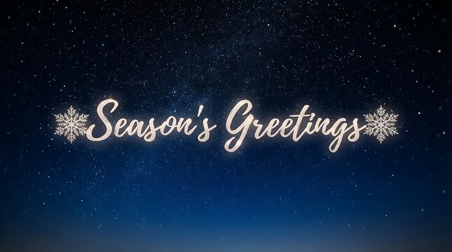 Elegant Seasons Greetings Text Design Featuring Snowflakes Against Night Sky Background