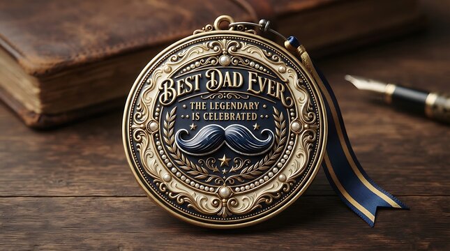 Elegant vintage style award badge celebrating best dad with mustache design on wooden surface