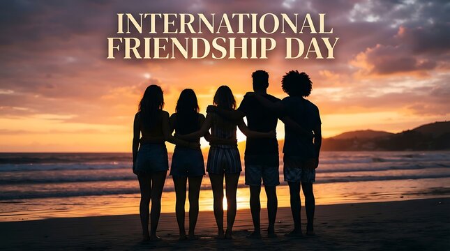 Group of friends standing together on beach during beautiful sunset celebrating friendship