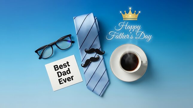 Happy Fathers Day celebration featuring tie mustache clip coffee cup glasses and crown design