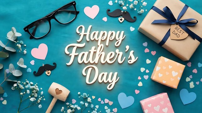 Happy Fathers Day celebration with gifts boxes wrapped ribbons hearts and decorative items on blue background