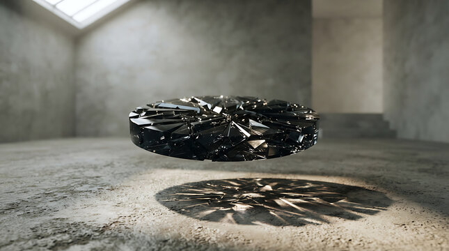 Floating dark fragmented disc in a minimalist concrete room with dramatic light