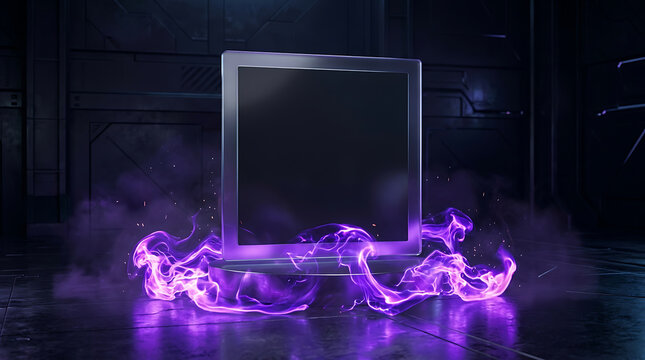 Dark futuristic screen mockup with glowing purple energy effect