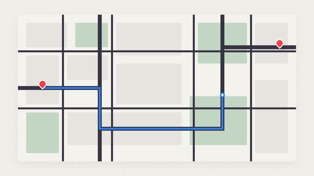2D flat vector city map GPS navigation animation with progressive route tracing, moving pointer and red location pins, travel and wayfinding concept