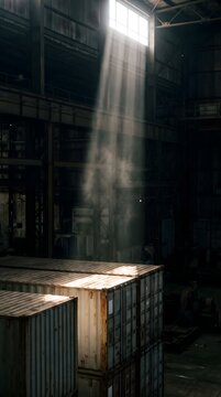 Dramatic Light Beams Illuminating Shipping Containers in Dark Industrial Warehouse, Symbolizing Logistics, Opportunity, and Discovery.