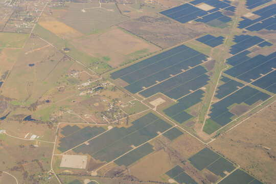 Aerial view of a large solar farm in rural Texas