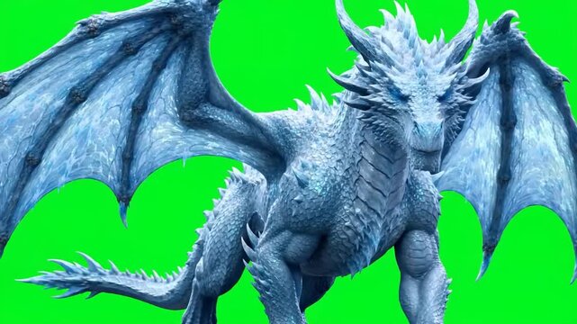 Snow Dragon Strolling Slowly In Three Quarter View On Green Screen