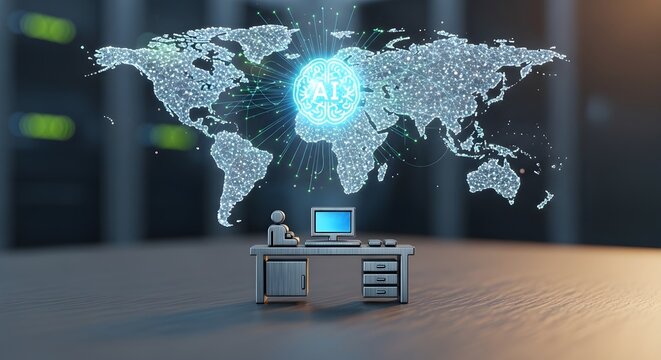 Digital world map and global network connection powered by artificial intelligence technology