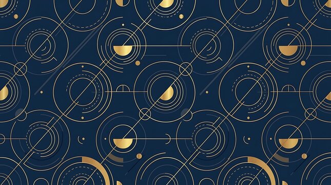 Elegant seamless vector pattern featuring intricate geometric shapes, gold lines, and circles on a dark blue background