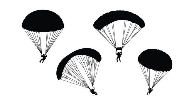 Parachutes with skydivers depicted as black silhouettes on a white background