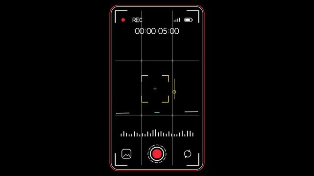 Animated graphic of a video recorder interface, showing timer, waveform, and record button on a black background
