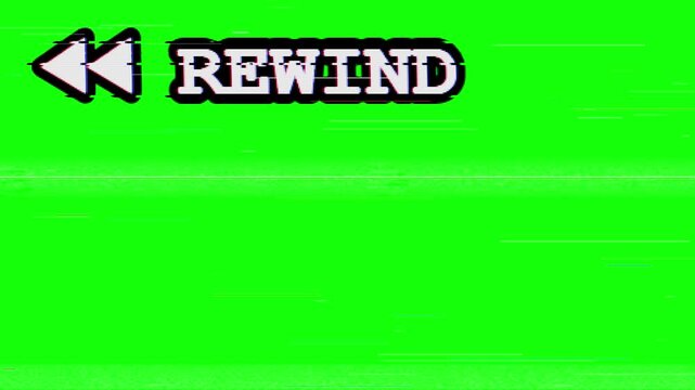 retro rewind button with glitch effect on a green screen, representing old video playback and digital noise