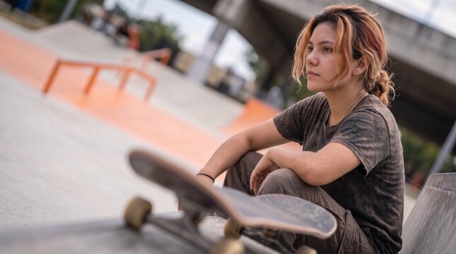 Relaxed young woman resting on a skatepark ledge with a blurred skateboard in the foreground