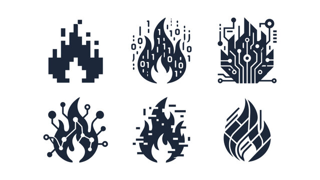 Set of digital flame and technology fire vector icons featuring pixel, binary code, circuit board, network nodes, glitch, and geometric cyber security firewall concept symbols. Flat vector EPS 10.