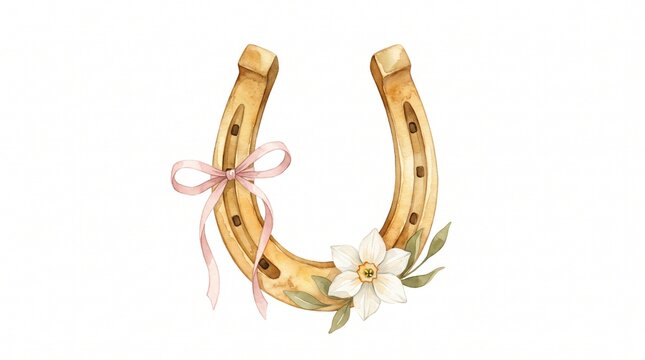 Watercolor golden horseshoe, a lucky charm illustration with delicate pink ribbon and white daffodil flower, perfect for spring good fortune designs.