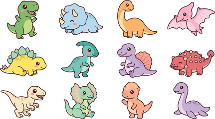 Cute Baby Dinosaur Character Collection Featuring Different Prehistoric Species, Playful Poses, Pastel Colors, and Adorable Kawaii Cartoon Vector Illustrations © MdMehedi