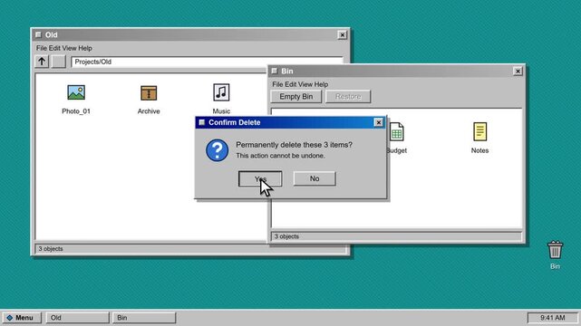Desktop interface displays a retro style confirm delete dialog box with a mouse cursor clicking yes.
