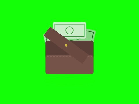 Brown leather wallet opening and closing animation with gold button fastener isolated on bright green background for digital finance and banking motion graphics and e-commerce video production project