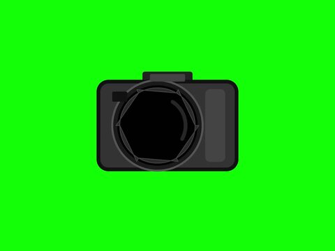 Digital camera icon with opening and closing mechanical shutter blades animation isolated on a bright green chroma key background for easy compositing in video editing and motion graphics projects