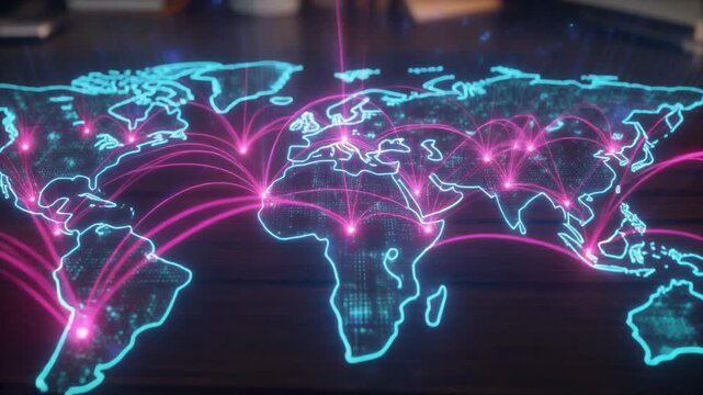Digital world map with glowing data connections on wooden desk