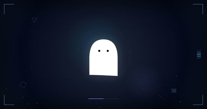 Cute white ghost graphic on a dark futuristic digital interface background for Halloween themes