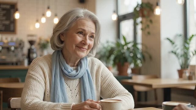 Senior woman nodding and smiling at cafe table with coffee