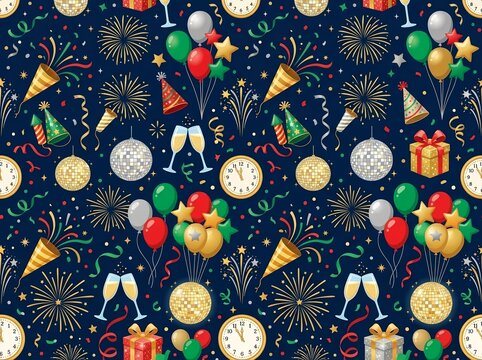 Luxury Seamless New Year Party Pattern. Festive Decorations, holiday wrapping paper, party invitations, greeting cards, textile prints, gift packaging, festive wallpaper, scrapbook backgrounds
