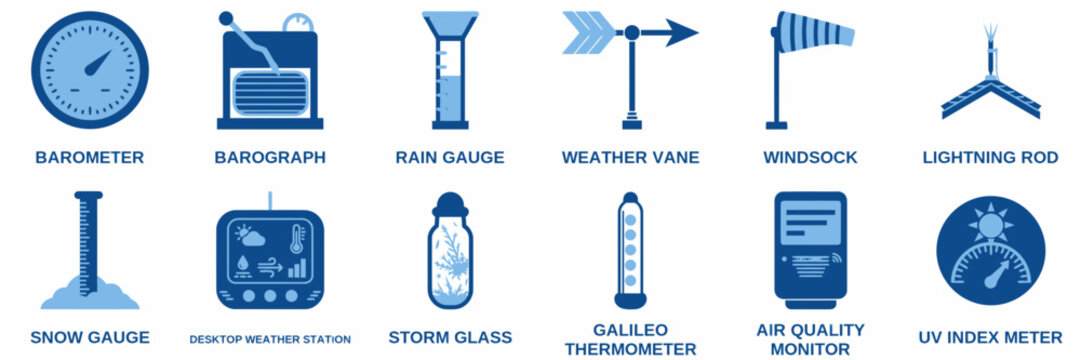 Weather instruments collection including barometer rain gauge thermometer lightning rod