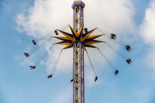 Canada, BC, Vancouver.  The top of a "sky flyer" type amusement park ride at the Pacific National Exhibition.