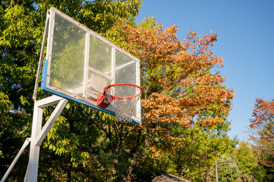 맑고 푸른 하늘 아래 공원에 위치한 빈 야외 농구장(Empty outdoor basketball court in a park under clear blue sky in Korea.)