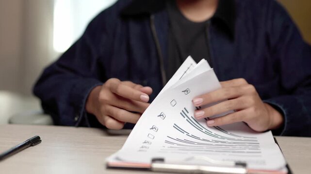 A person checks and flips paper pages on a clipboard at a wooden desk to review reports, survey checklists, official forms, contract details, and business documents indoors in office.