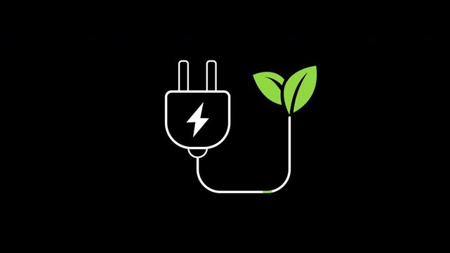 Eco electric power plug icon animation on transparent background showing cable and plant leaf with trim paths in and out. Clean renewable energy grid connection, and sustainable technology concept.