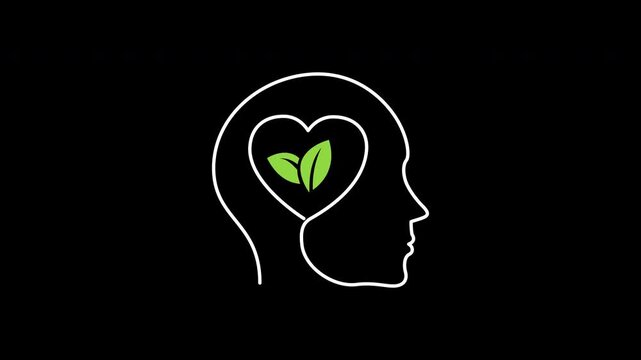 ESG environmental mindset icon animation on transparent background showing human head profile and leaf heart with trim paths in and out. Sustainable ecological awareness, and social concept idea.