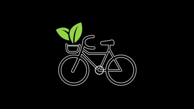 Eco transport bicycle icon animation on transparent background showing bike and plant leaf in basket with trim paths in and out. Sustainable urban mobility, and clean active commute system concept.