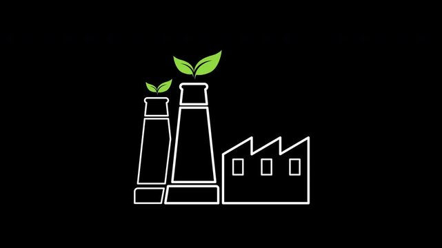 Green factory icon animation on transparent background showing industrial manufacturing building and leaf with trim paths in and out. Sustainable eco friendly production plant concept idea.