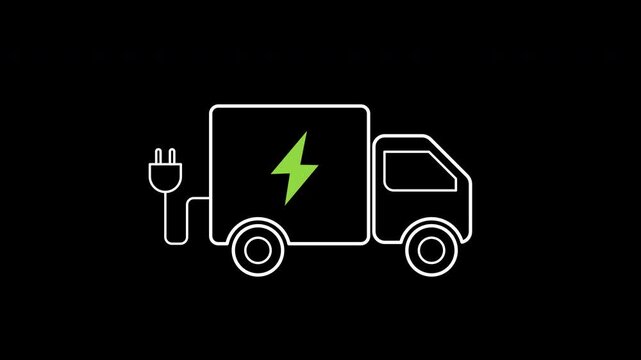 Green logistics icon animation on transparent background showing electric delivery truck with plug and lightning with trim paths in and out. Sustainable clean freight supply chain concept idea.