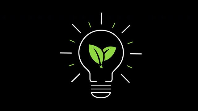 Clean innovation icon animation on transparent background showing radiating lightbulb and leaf with trim paths in and out. Sustainable eco energy idea development, and creative concept design.