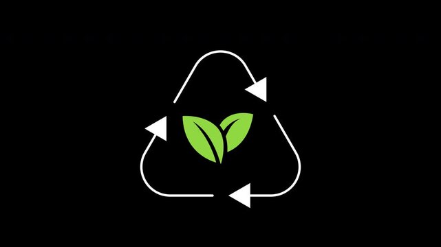 Recycle icon animation on transparent background showing circular arrows triangle and plant leaf with trim paths in and out. Sustainable zero waste reduction, and circular economy concept idea.