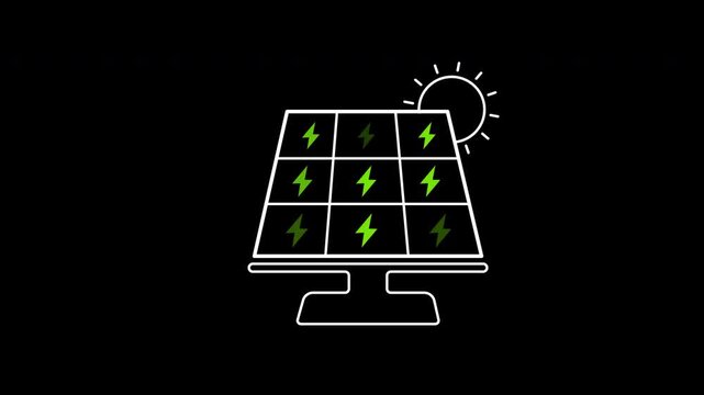 Solar energy panel icon animation on transparent background showing photovoltaic cell and shining sun with trim paths in and out. Renewable clean electric sun power, and technology system concept.