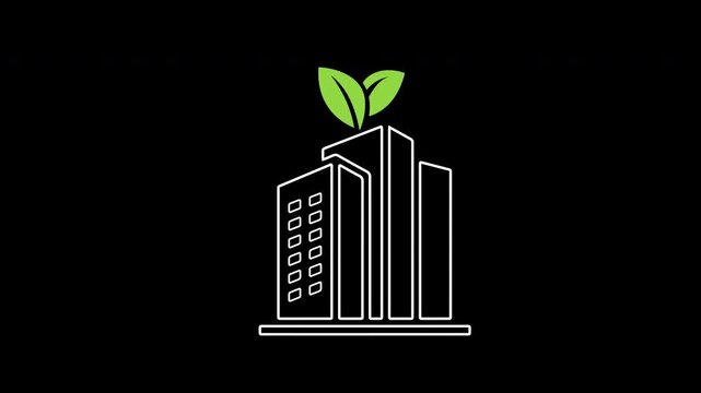 Sustainable eco city building icon animation on transparent background showing a modern skyscraper architecture with leaf and trim paths in and out. Smart urban planning, and architecture concept.